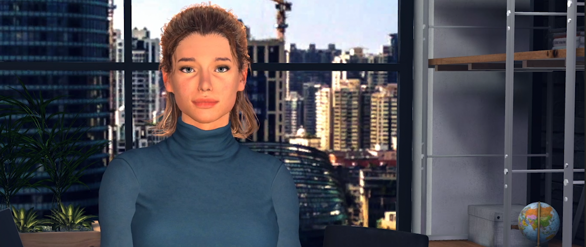 A Virtual Human, blond, female in an office environment.